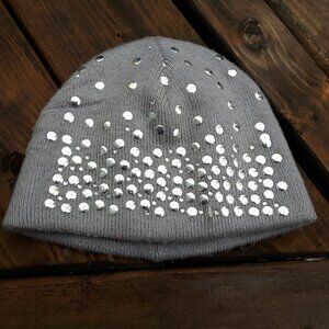 Silver Grey Beanie hat Rivet Look Women's